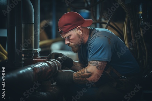 Adult plumber engineer repairing pipes 