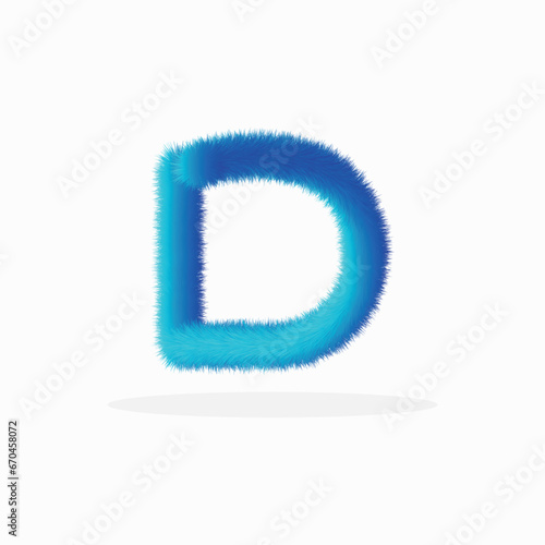  Feathered letter D font vector. Easy editable letters. Soft and realistic feathers. Blue, fluffy, hairy letter D, isolated on a white background.