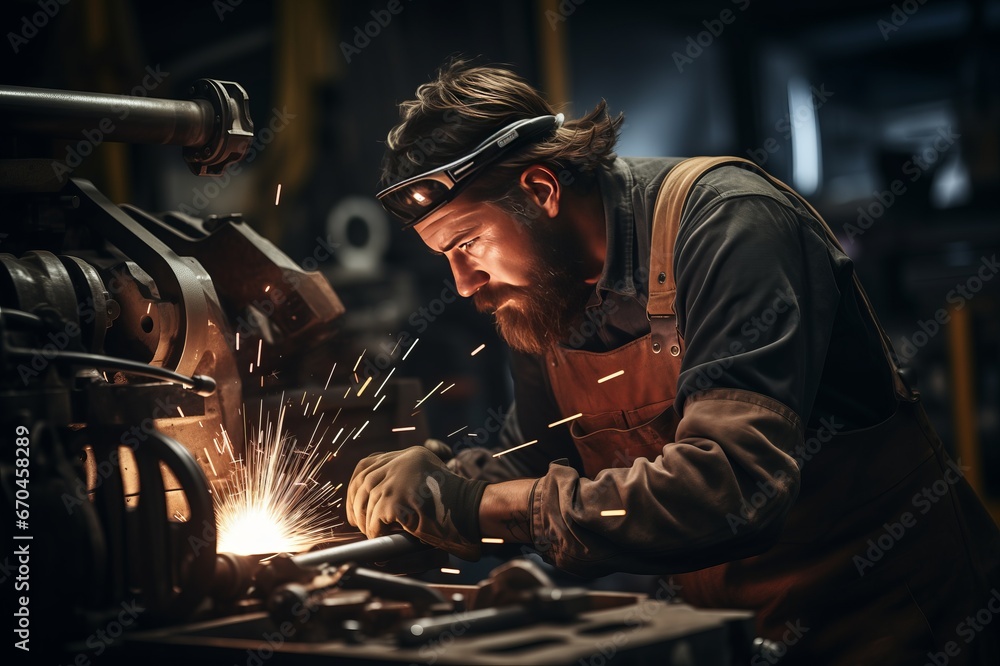 Adult man works with a welding machine in factory