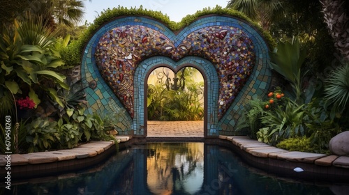 A heart-shaped door with colorful mosaics, serving as a gateway to a Mediterranean-style garden with a fountain.