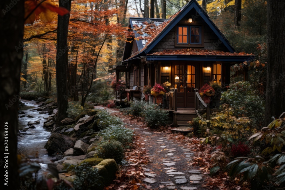 Cabin house in the woods surrounded by vibrant autumn foliage, Generative AI