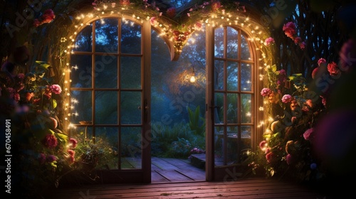 A heart-shaped door with tiny fairy lights around its frame, leading to a magical night garden with glowing plants. © Ahmad