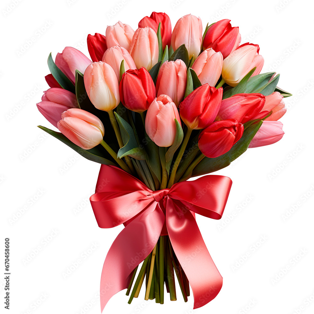 Fototapeta premium Bouquet of spring pink and red tulips with a pink satin ribbon bow on a transparent background. Gift symbol for Valentine's Day and International Women's Day, Mother's Day