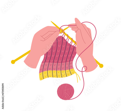 Knitting hobby. Needlework in hands and yarn skein. Flat style illustration of hand crafting