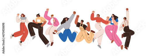 Happy people group celebrating holiday, success with fun and joy. Smiling characters team jumping up together. Victory and triumph expression. Flat vector illustration isolated on white background