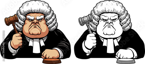 elderly stern judge in a white wig with a wooden gavel in his hand