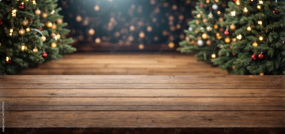 a wooden table that is empty with a background of Christmas trees. ready for montage of the product display mock up a wooden table that is empty with a background of Christmas trees. ready for montage of the product display mock up