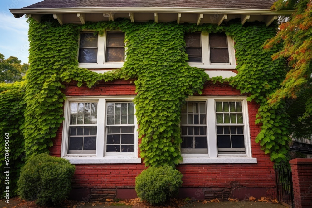 ivy creeping on the red-brick exterior of a dutch colonial building