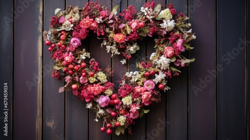 A heart-shaped wreath of flowers hanging on a vintage wooden door. © Ahmad