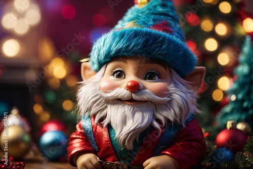 Adorable and charming christmas gnome 3D cartoon character With colorful fur, the gnome with cuteness and holiday spirit. Generative AI. photo