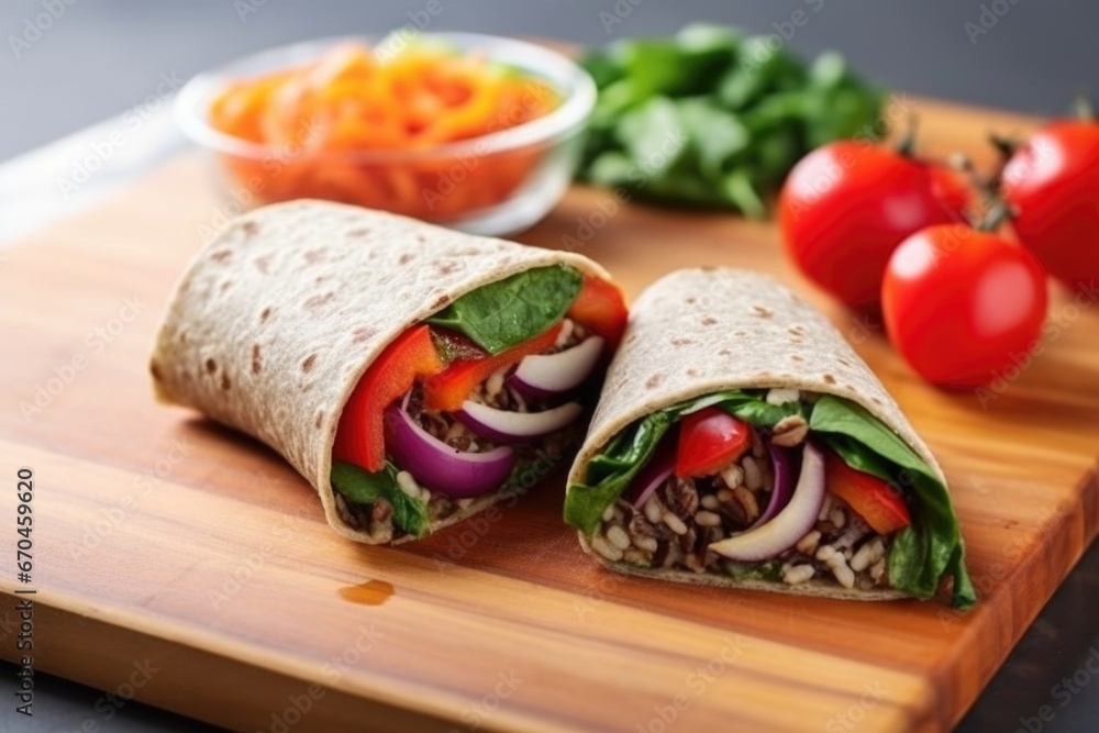serving flaxseed wrap with grilled veggies using a spatula serving flaxseed wrap with grilled veggies using a spatula