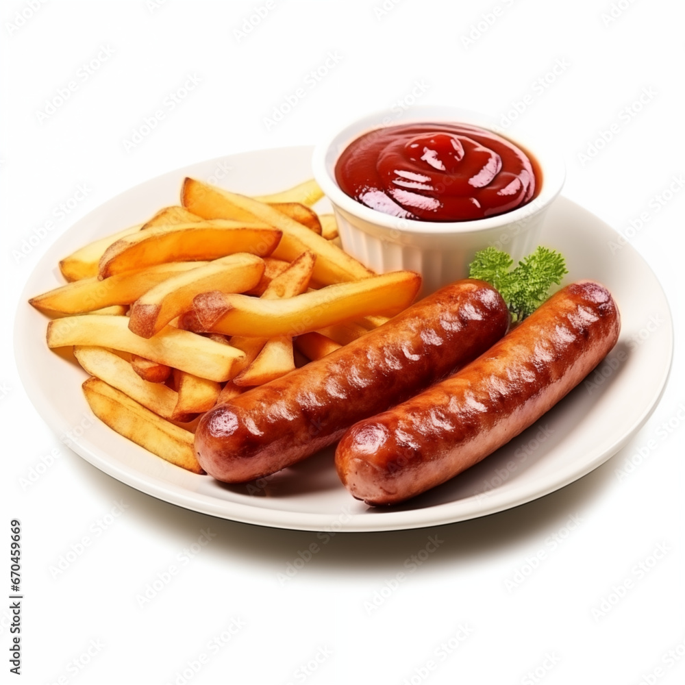 Grilled sausage, french fries and ketchup on a plate, isolated on white background