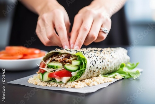 hand sprinkling sesame seeds over flaxseed wrap