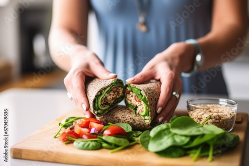 using fingers to pack flaxseed wrap with tuna salad