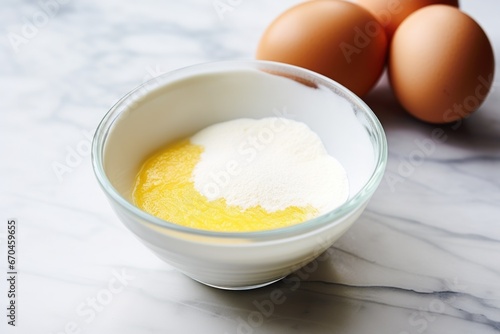 an egg replaced by an egg-substitute powder in a bowl