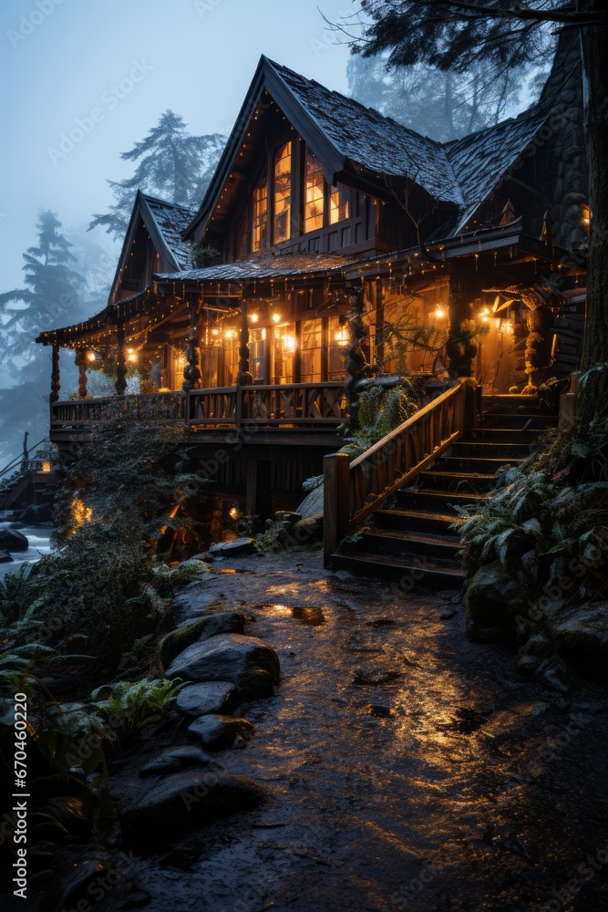 Cabin house in the midst of a winter wonderland, Generative AI Cabin house in the midst of a winter wonderland, Generative AI