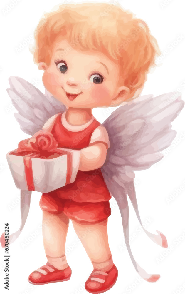 Fototapeta premium Valentine's Day illustration, Cupid, cute children's drawing, watercolor style on white background.