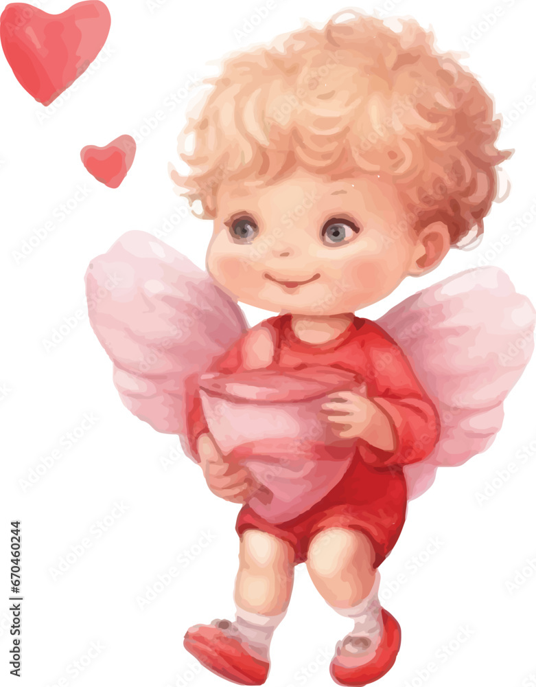Fototapeta premium Valentine's Day illustration, Cupid, cute children's drawing, watercolor style on white background.