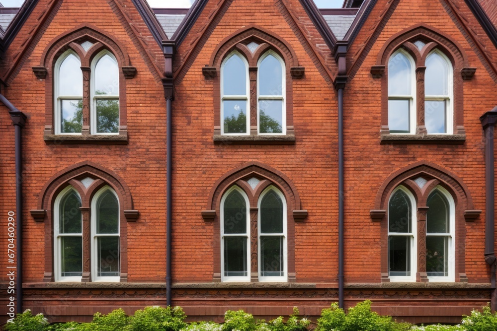 trefoil windows in a red brick gothic revival building with battlements
