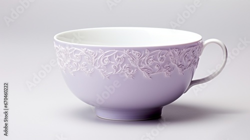 A lavender tea cup with a delicate lace pattern, casting a gentle reflection on a pure white background.