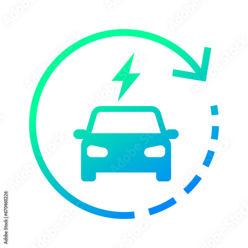 Electric car charging icon with recycling rotation arrow symbol, EV car, Green hybrid vehicles charging loop, Renewable clean energy sign, Eco friendly vehicle concept, Vector illustration
