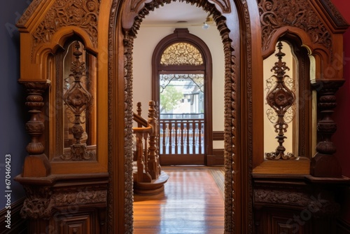 detailed view of ornate woodwork on an arched doorway