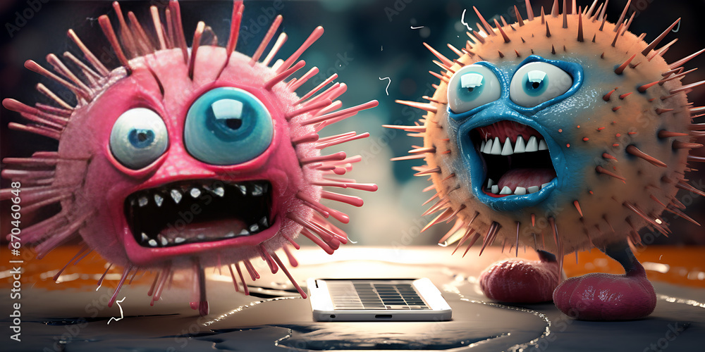 Microbes and viruses germ characters with funny faces mascots of bacteria and disease viruses, Fantasy virus character with fear face - obrazy, fototapety, plakaty 