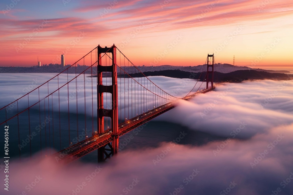 A stunning view of the iconic Golden Gate Bridge in San Francisco shrouded in a mysterious mist A stunning view of the iconic Golden Gate Bridge in San Francisco shrouded in a mysterious mist