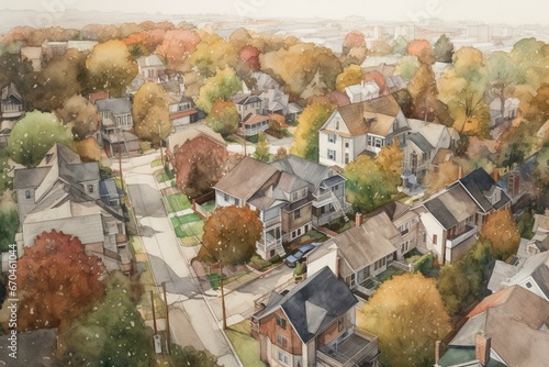 Watercolor painting of a residential neighborhood viewed from above. Generative AI