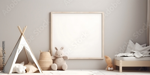Empty vertical picture frame hanging on the wall in modern child room mock up interior in scandinavian style free, nursery frame mockup, kids room frame mockup, 3d render photo