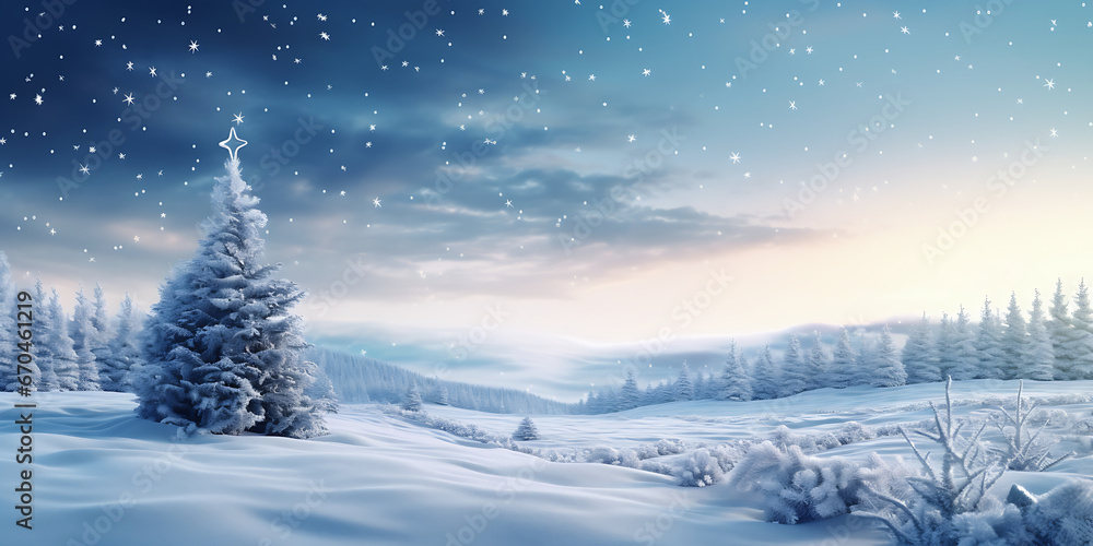 Christmas landscape illustration beautiful winter scenery with christmas trees and snow, Beautiful winter landscape with snow and pine trees landscape illustration with christmas theme