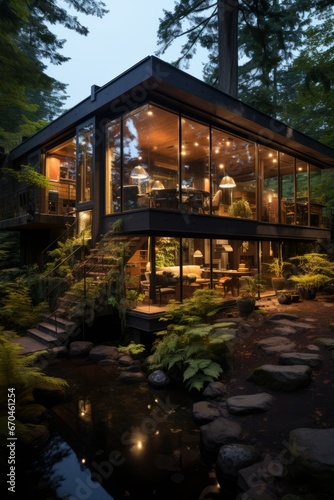 Cabin house with a contemporary and sustainable design, blending with nature, Generative AI © Shooting Star Std