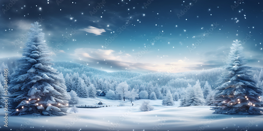 Christmas background with snowy fir trees and presents,  Beautiful winter background for Merry Christmas and Happy New Year with fluffy snowdrifts against background of night winter forest falling sno - obrazy, fototapety, plakaty 
