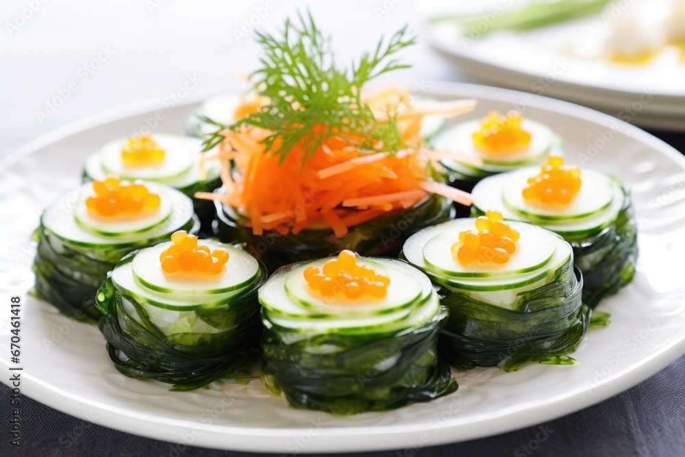 seaweed salad with slices of cucumber and carrot medallions