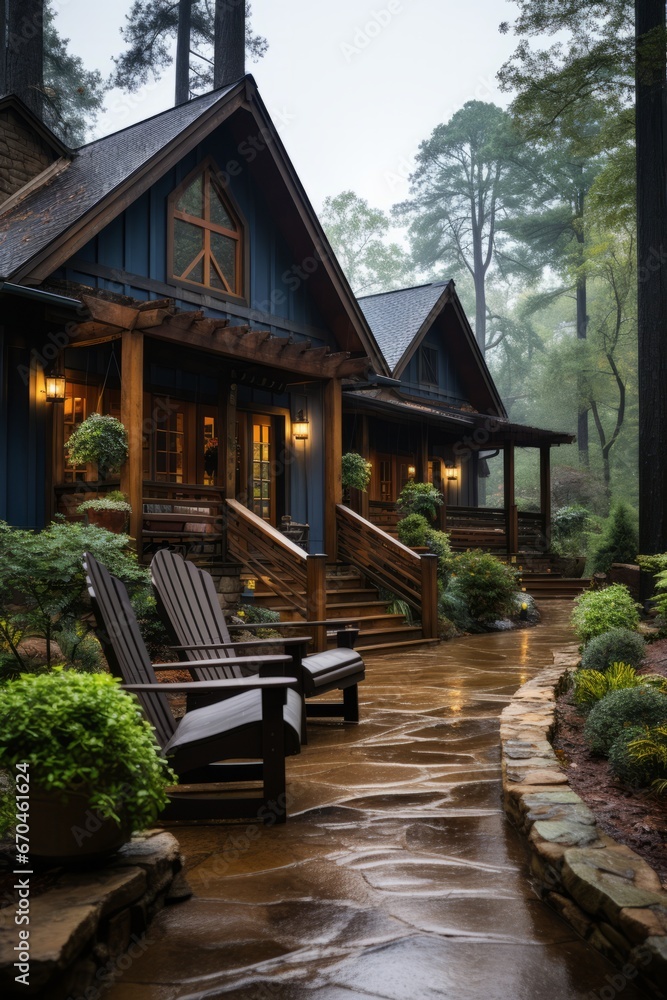 Cabin house with a large wrap-around porch and rocking chairs, Generative AI Cabin house with a large wrap-around porch and rocking chairs, Generative AI