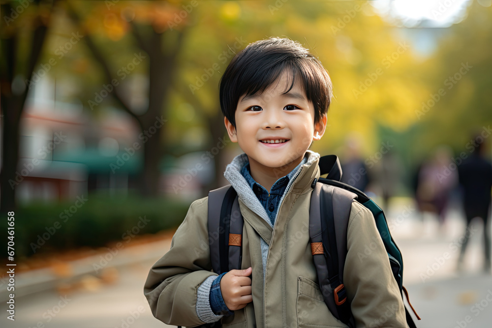 Cute asian boy with backpack looking at camera and smiling Cute asian boy with backpack looking at camera and smiling