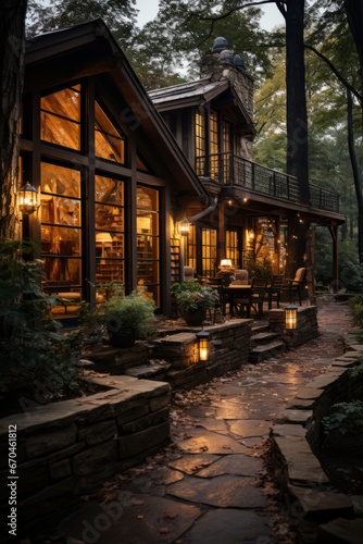 Cabin house with a rustic stone chimney and a warm, inviting atmosphere, Generative AI  © Shooting Star Std