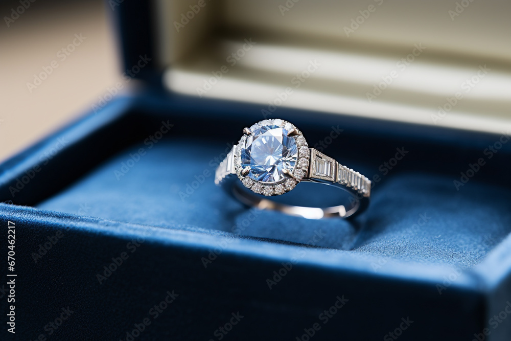 Close up of a stunning engagement ring in a box - obrazy, fototapety, plakaty 