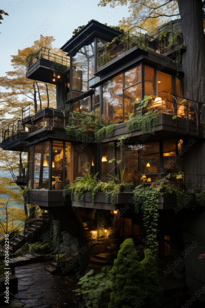  Cabin house with a treehouse-inspired design, Generative AI
