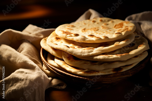 Stack of traditional naan bread on the table isolated on served table. pita bread