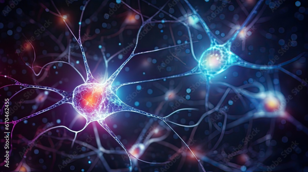 Neuron cells, glowing link knots, nervous system, intricate beauty, electrical connections, captivating journey, electrified pathways. Generated by AI.