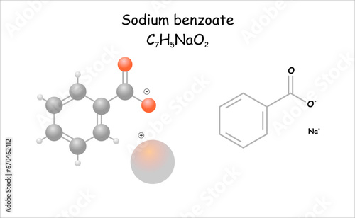 Sodium benzoate. Stylized molecule model and structural formula.