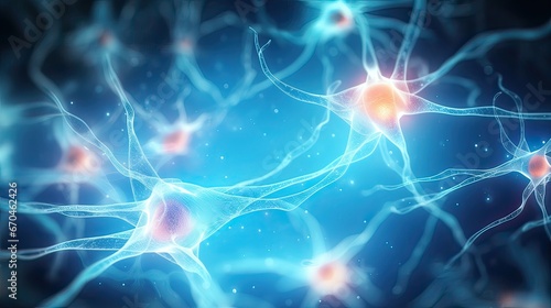 Neuron cells, glowing links, nervous system, complexity, electrical communication, mesmerizing. Generated by AI.