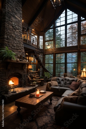  Cozy mountain cabin house with a roaring fireplace, Generative AI