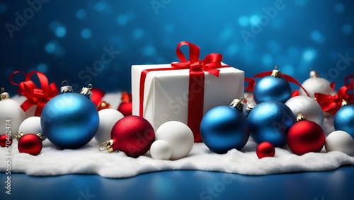 A white gift box adorned with a red ribbon, nestled on a bed of snow, surrounded by blue and red Christmas ornaments scattered haphazardly