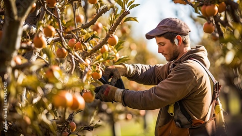 Orchard worker, trim, branches, healthy growth, expertly, horticultural skill, nature's resilience. Generated by AI.