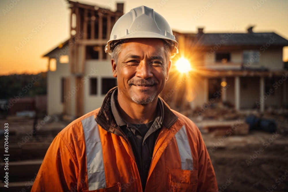 Happy master foreman in uniform and helmet watches, controls the construction of the house during autumn sunset with a sun flares in the background. Generative Ai. Happy master foreman in uniform and helmet watches, controls the construction of the house during autumn sunset with a sun flares in the background. Generative Ai.