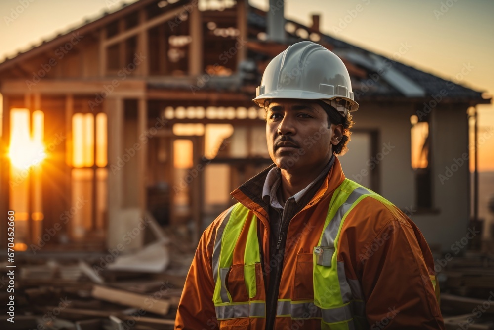Happy master foreman in uniform and helmet watches, controls the construction of the house during autumn sunset with a sun flares in the background. Generative Ai. Happy master foreman in uniform and helmet watches, controls the construction of the house during autumn sunset with a sun flares in the background. Generative Ai.