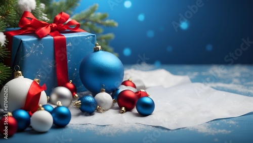 A blue gift box tied with a red ribbon, accompanied by blue and red Christmas ornaments and a branch of a Christmas tree, all resting on a snowy surface against a blue background.
