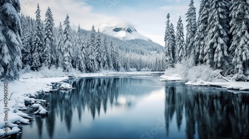 Fir trees draped in snow, encircling a frozen mountain lake. Winter's serenity, snowy forest, icy waters, tranquil alpine beauty, serene cold scene. Generated by AI.